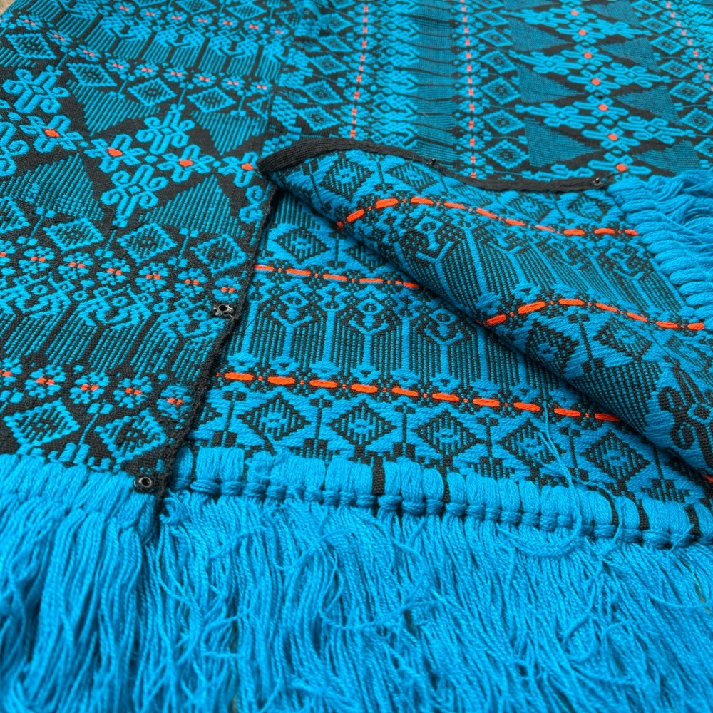 Vintage Guatemalan PONCHO Blue Black Orange Brocade Cotton Blend Hand Loomed - Picture 11 of 14